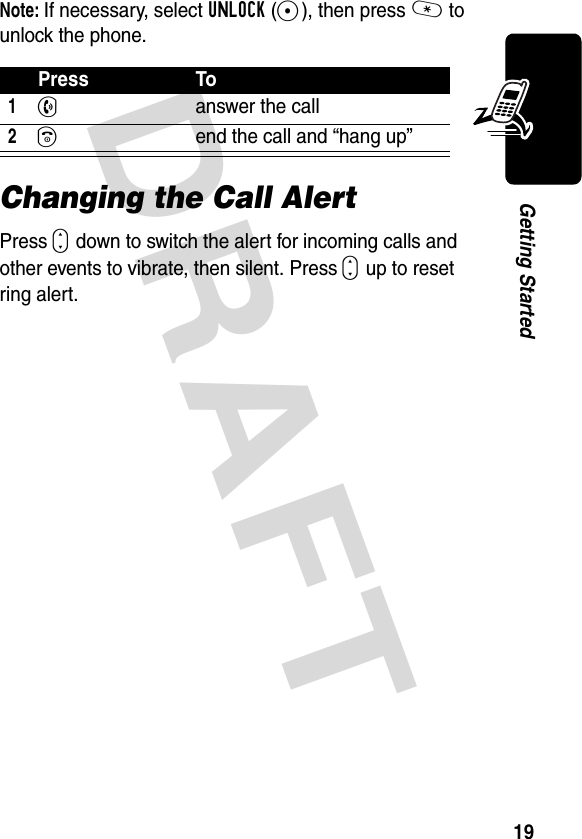 DRAFT 19Getting StartedNote: If necessary, select UNLOCK(-), then press * to unlock the phone.Changing the Call AlertPress S down to switch the alert for incoming calls and other events to vibrate, then silent. Press S up to reset ring alert.Press To1Nanswer the call2Oend the call and “hang up”