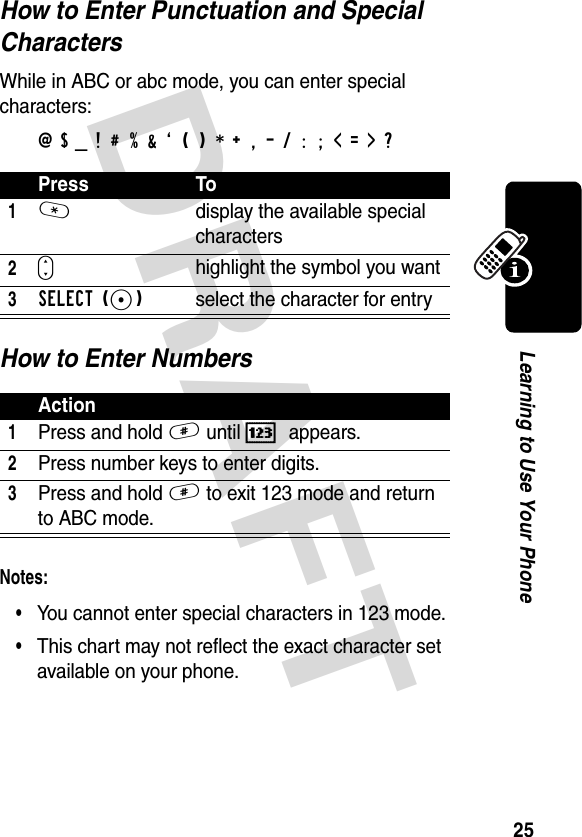 DRAFT 25Learning to Use Your PhoneHow to Enter Punctuation and Special CharactersWhile in ABC or abc mode, you can enter special characters:@ $ _ ! # % &amp; ‘ ( ) * + , - / : ; &lt; = &gt; ?How to Enter NumbersNotes: •You cannot enter special characters in 123 mode.•This chart may not reflect the exact character set available on your phone.Press To1*display the available special characters2Shighlight the symbol you want3SELECT (-)select the character for entryAction1Press and hold # until % appears.2Press number keys to enter digits.3Press and hold # to exit 123 mode and return to ABC mode.