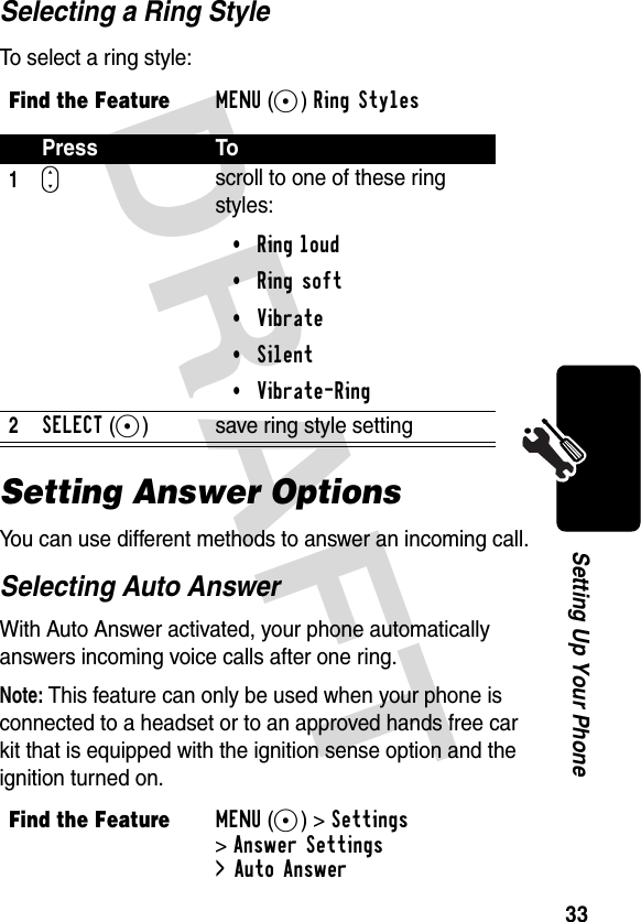 DRAFT 33Setting Up Your PhoneSelecting a Ring StyleTo select a ring style:Setting Answer OptionsYou can use different methods to answer an incoming call.Selecting Auto AnswerWith Auto Answer activated, your phone automatically answers incoming voice calls after one ring.Note: This feature can only be used when your phone is connected to a headset or to an approved hands free car kit that is equipped with the ignition sense option and the ignition turned on.Find the FeatureMENU(+)Ring StylesPress To1Sscroll to one of these ring styles:•Ring loud•Ring soft•Vibrate•Silent•Vibrate-Ring2SELECT(+) save ring style settingFind the FeatureMENU(+)&gt;Settings &gt;Answer Settings&gt; Auto Answer