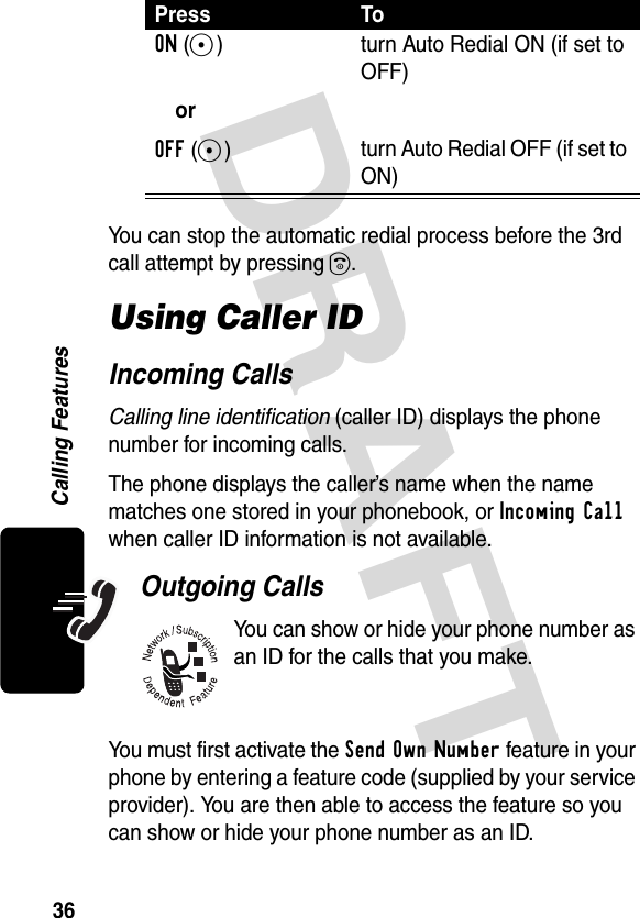 DRAFT 36Calling FeaturesYou can stop the automatic redial process before the 3rd call attempt by pressing O.Using Caller IDIncoming CallsCalling line identification (caller ID) displays the phone number for incoming calls.The phone displays the caller’s name when the name matches one stored in your phonebook, or Incoming Call when caller ID information is not available.Outgoing CallsYou can show or hide your phone number as an ID for the calls that you make.You must first activate the Send Own Number feature in your phone by entering a feature code (supplied by your service provider). You are then able to access the feature so you can show or hide your phone number as an ID.Press ToON(+)orOFF(+)turn Auto Redial ON (if set to OFF)turn Auto Redial OFF (if set to ON)