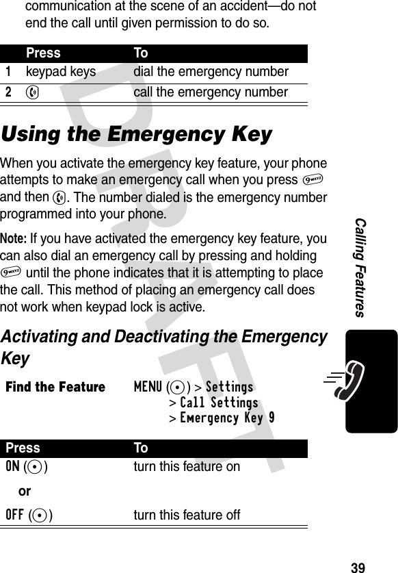 DRAFT 39Calling Featurescommunication at the scene of an accident—do not end the call until given permission to do so.Using the Emergency KeyWhen you activate the emergency key feature, your phone attempts to make an emergency call when you press 9 and then N. The number dialed is the emergency number programmed into your phone.Note: If you have activated the emergency key feature, you can also dial an emergency call by pressing and holding 9 until the phone indicates that it is attempting to place the call. This method of placing an emergency call does not work when keypad lock is active.Activating and Deactivating the Emergency KeyPress To1keypad keys dial the emergency number2N call the emergency numberFind the FeatureMENU(+)&gt;Settings &gt;Call Settings&gt;Emergency Key 9Press ToON(+)orOFF(+)turn this feature onturn this feature off