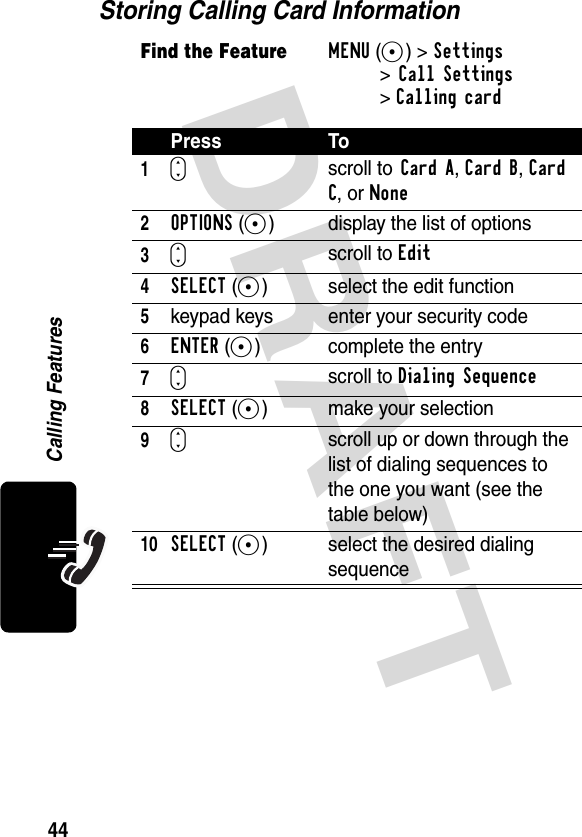 DRAFT 44Calling FeaturesStoring Calling Card InformationFind the FeatureMENU(+)&gt;Settings&gt;Call Settings&gt;Calling cardPress To1S scroll to Card A, Card B, Card C, or None2OPTIONS(+) display the list of options3S scroll to Edit4SELECT(+) select the edit function5keypad keys enter your security code6ENTER(+) complete the entry7Sscroll to Dialing Sequence8SELECT(+) make your selection9Sscroll up or down through the list of dialing sequences to the one you want (see the table below)10SELECT(+) select the desired dialing sequence