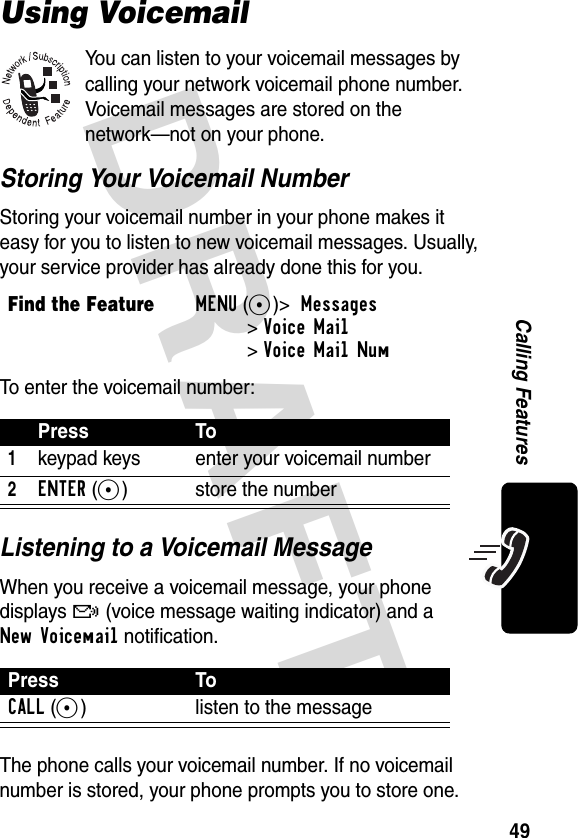 DRAFT 49Calling FeaturesUsing VoicemailYou can listen to your voicemail messages by calling your network voicemail phone number. Voicemail messages are stored on the network—not on your phone.Storing Your Voicemail NumberStoring your voicemail number in your phone makes it easy for you to listen to new voicemail messages. Usually, your service provider has already done this for you.To enter the voicemail number:Listening to a Voicemail MessageWhen you receive a voicemail message, your phone displays &amp; (voice message waiting indicator) and a New Voicemail notification.The phone calls your voicemail number. If no voicemail number is stored, your phone prompts you to store one.Find the FeatureMENU(+)&gt;  Messages&gt;Voice Mail&gt;Voice Mail NumPress To1keypad keys enter your voicemail number2ENTER(+) store the numberPress ToCALL(+) listen to the message