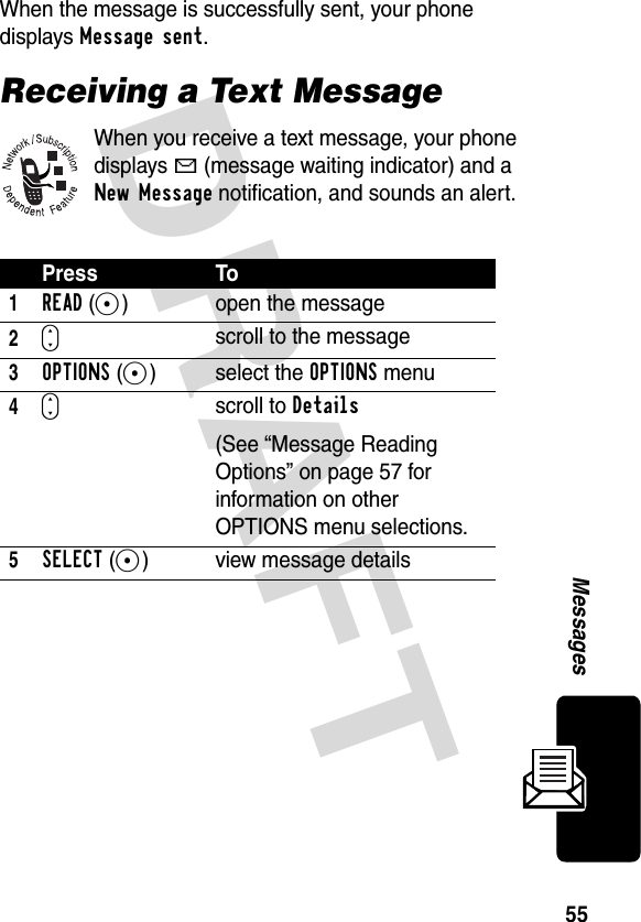 DRAFT 55MessagesWhen the message is successfully sent, your phone displays Message sent.Receiving a Text MessageWhen you receive a text message, your phone displays X (message waiting indicator) and a New Message notification, and sounds an alert.Press To1READ(+) open the message2Sscroll to the message3OPTIONS(+) select the OPTIONS menu4Sscroll to Details(See “Message Reading Options” on page 57 for information on other OPTIONS menu selections.5SELECT(+) view message details