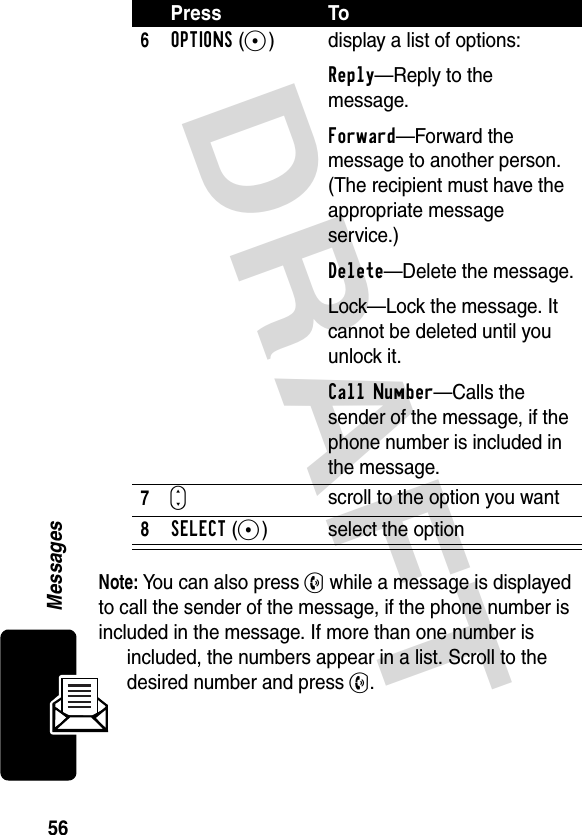 DRAFT 56MessagesNote: You can also press N while a message is displayed to call the sender of the message, if the phone number is included in the message. If more than one number is included, the numbers appear in a list. Scroll to the desired number and press N.6OPTIONS(+) display a list of options:Reply—Reply to the message.Forward—Forward the message to another person. (The recipient must have the appropriate message service.)Delete—Delete the message.Lock—Lock the message. It cannot be deleted until you unlock it.Call Number—Calls the sender of the message, if the phone number is included in the message.7Sscroll to the option you want8SELECT(+) select the optionPress To