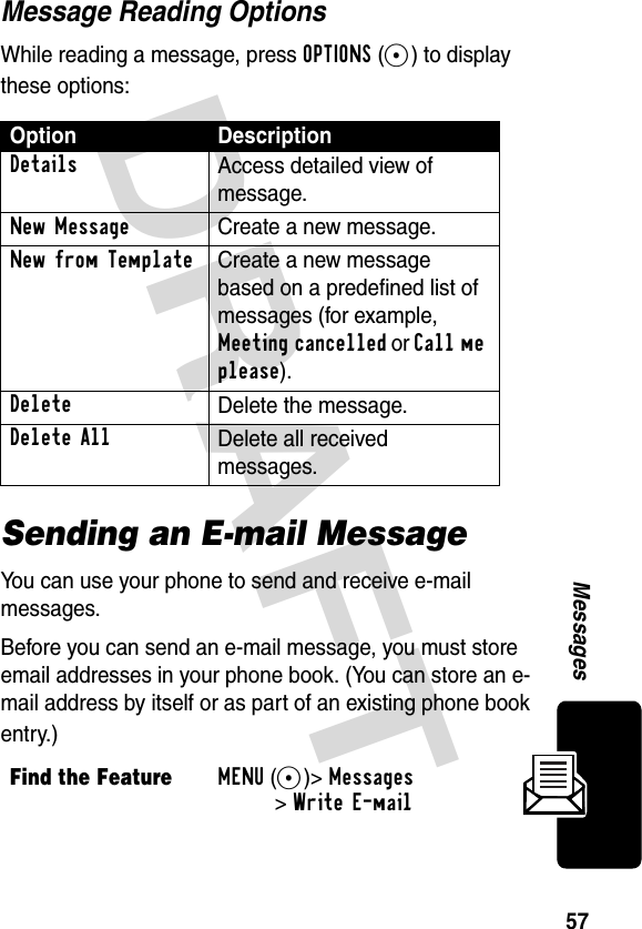 DRAFT 57MessagesMessage Reading OptionsWhile reading a message, press OPTIONS(+) to display these options:Sending an E-mail MessageYou can use your phone to send and receive e-mail messages.Before you can send an e-mail message, you must store email addresses in your phone book. (You can store an e-mail address by itself or as part of an existing phone book entry.)Option DescriptionDetailsAccess detailed view of message.New MessageCreate a new message.New from TemplateCreate a new message based on a predefined list of messages (for example, Meeting cancelled or Call me please).DeleteDelete the message.Delete AllDelete all received messages.Find the FeatureMENU(+)&gt;Messages &gt;Write E-mail