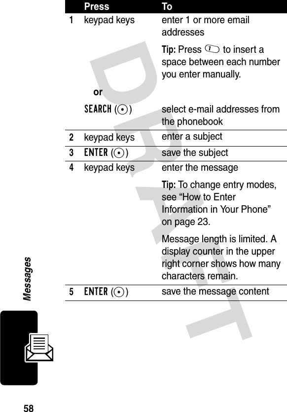 DRAFT 58MessagesPress To1keypad keysorSEARCH(+)enter 1 or more email addressesTip: Press 1 to insert a space between each number you enter manually.select e-mail addresses from the phonebook2keypad keys enter a subject3ENTER(+) save the subject4keypad keys enter the messageTip: To change entry modes, see “How to Enter Information in Your Phone” on page 23.Message length is limited. A display counter in the upper right corner shows how many characters remain.5ENTER(+)save the message content