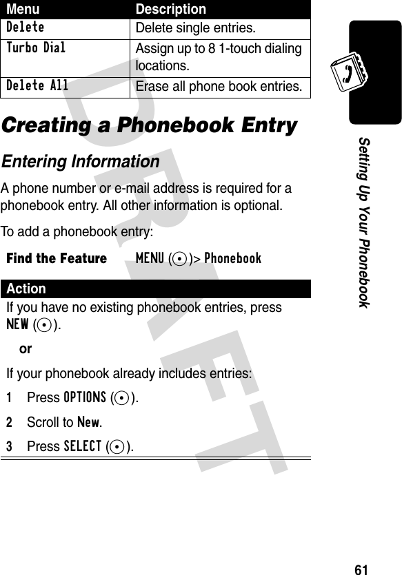 DRAFT 61Setting Up Your PhonebookCreating a Phonebook EntryEntering InformationA phone number or e-mail address is required for a phonebook entry. All other information is optional.To add a phonebook entry:DeleteDelete single entries.Turbo DialAssign up to 8 1-touch dialing locations.Delete AllErase all phone book entries.Find the FeatureMENU(+)&gt;PhonebookActionIf you have no existing phonebook entries, press NEW(+).orIf your phonebook already includes entries:1Press OPTIONS(+).2Scroll to New.3Press SELECT(+).Menu Description