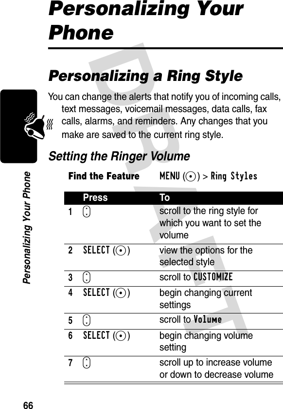 DRAFT 66Personalizing Your PhonePersonalizing Your PhonePersonalizing a Ring StyleYou can change the alerts that notify you of incoming calls, text messages, voicemail messages, data calls, fax calls, alarms, and reminders. Any changes that you make are saved to the current ring style.Setting the Ringer VolumeFind the FeatureMENU(+)&gt;Ring Styles Press To1S scroll to the ring style for which you want to set the volume2SELECT(+) view the options for the selected style3Sscroll to CUSTOMIZE4SELECT(+) begin changing current settings5Sscroll to Volume6SELECT(+) begin changing volume setting7Sscroll up to increase volume or down to decrease volume