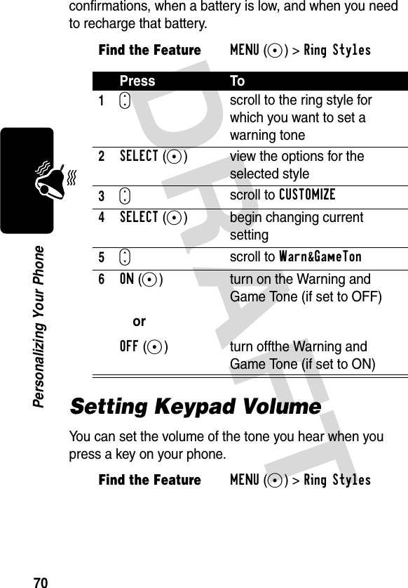 DRAFT 70Personalizing Your Phoneconfirmations, when a battery is low, and when you need to recharge that battery.Setting Keypad VolumeYou can set the volume of the tone you hear when you press a key on your phone.Find the FeatureMENU(+)&gt;Ring Styles Press To1S scroll to the ring style for which you want to set a warning tone2SELECT(+) view the options for the selected style3Sscroll to CUSTOMIZE4SELECT(+) begin changing current setting5Sscroll to Warn&amp;GameTon6ON(+)orOFF(+)turn on the Warning and Game Tone (if set to OFF)turn offthe Warning and Game Tone (if set to ON)Find the FeatureMENU(+)&gt;Ring Styles 