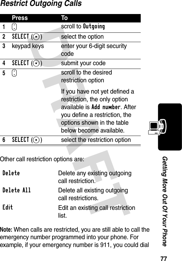 DRAFT 77Getting More Out Of Your PhoneRestrict Outgoing CallsOther call restriction options are:Note: When calls are restricted, you are still able to call the emergency number programmed into your phone. For example, if your emergency number is 911, you could dial Press To1Sscroll to Outgoing 2SELECT(+) select the option3keypad keys enter your 6-digit security code4SELECT(+) submit your code5Sscroll to the desired restriction optionIf you have not yet defined a restriction, the only option available is Add number. After you define a restriction, the options shown in the table below become available.6SELECT(+) select the restriction optionDeleteDelete any existing outgoing call restriction.Delete AllDelete all existing outgoing call restrictions.EditEdit an existing call restriction list.