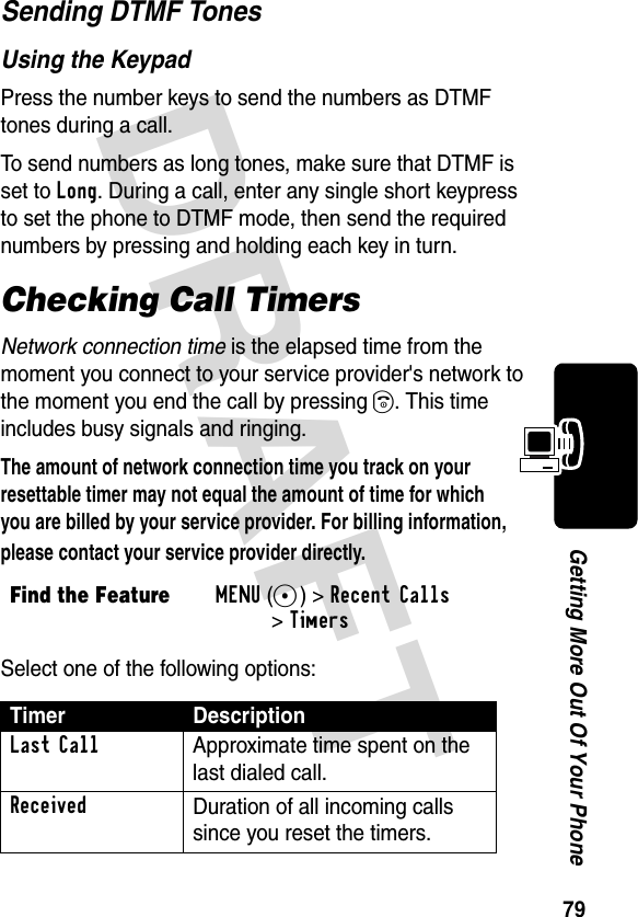 DRAFT 79Getting More Out Of Your PhoneSending DTMF TonesUsing the KeypadPress the number keys to send the numbers as DTMF tones during a call.To send numbers as long tones, make sure that DTMF is set to Long. During a call, enter any single short keypress to set the phone to DTMF mode, then send the required numbers by pressing and holding each key in turn.Checking Call TimersNetwork connection time is the elapsed time from the moment you connect to your service provider&apos;s network to the moment you end the call by pressing O. This time includes busy signals and ringing.The amount of network connection time you track on your resettable timer may not equal the amount of time for which you are billed by your service provider. For billing information, please contact your service provider directly. Select one of the following options:Find the FeatureMENU(+)&gt;Recent Calls &gt;TimersTimer DescriptionLast Call  Approximate time spent on the last dialed call.ReceivedDuration of all incoming calls since you reset the timers.