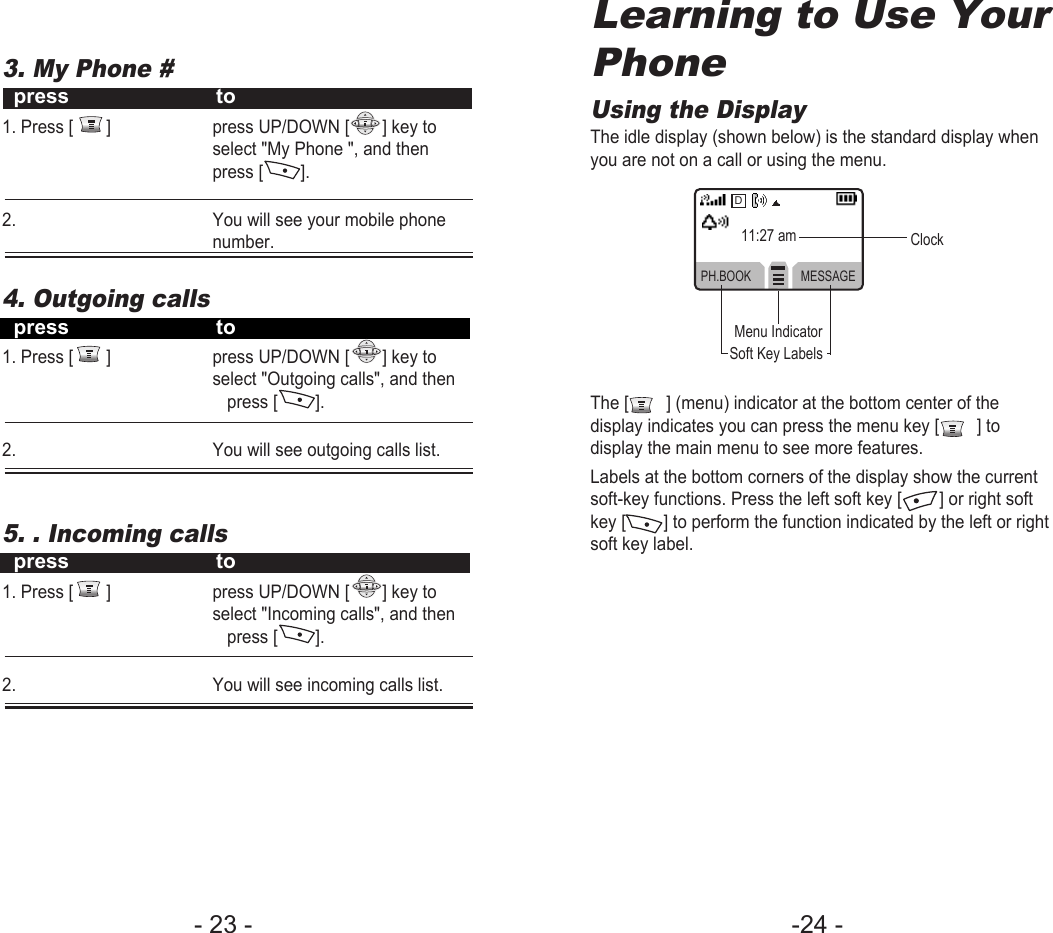 -24 - Learning to Use YourPhoneUsing the DisplayThe idle display (shown below) is the standard display whenyou are not on a call or using the menu.The [        ] (menu) indicator at the bottom center of thedisplay indicates you can press the menu key [        ] todisplay the main menu to see more features.Labels at the bottom corners of the display show the currentsoft-key functions. Press the left soft key [        ] or right softkey [        ] to perform the function indicated by the left or rightsoft key label.PH.BOOK MESSAGED11:27 am ClockMenu IndicatorSoft Key Labels- 23 - 3. My Phone #press to1. Press [       ]  press UP/DOWN [       ] key to select &quot;My Phone &quot;, and then press [        ].2.  You will see your mobile phone number. 4. Outgoing callspress to1. Press [       ]  press UP/DOWN [       ] key to select &quot;Outgoing calls&quot;, and then press [        ].2.  You will see outgoing calls list.5. . Incoming callspress to1. Press [       ]  press UP/DOWN [       ] key to select &quot;Incoming calls&quot;, and then press [        ].2.  You will see incoming calls list.