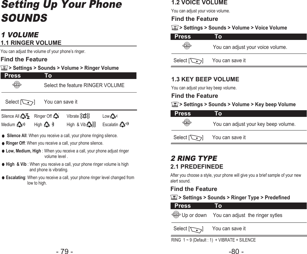 -80 - - 79 - 1.2 VOICE VOLUMEYou can adjust your voice volume.Find the Feature   &gt; Settings &gt; Sounds &gt; Volume &gt; Voice VolumePress ToYou can adjust your voice volume.Select [         ]  You can save it1.3 KEY BEEP VOLUMEYou can adjust your key beep volume. Find the Feature   &gt; Settings &gt; Sounds &gt; Volume &gt; Key beep VolumePress ToYou can adjust your key beep volume. Select [         ]  You can save itPress ToUp or down You can adjust  the ringer sytlesSelect [         ]  You can save itRING  1 ~ 9 (Default : 1)  + VIBRATE + SILENCE2 RING TYPE2.1 PREDEFINEDEAfter you choose a style, your phone will give you a brief sample of your newalert sound.Find the Feature   &gt; Settings &gt; Sounds &gt; Ringer Type &gt; PredefinedSetting Up Your PhoneSOUNDS1 VOLUME1.1 RINGER VOLUMEYou can adjust the volume of your phone’s ringer.Find the Feature   &gt; Settings &gt; Sounds &gt; Volume &gt; Ringer VolumePress ToSelect the feature RINGER VOLUMESelect [         ]  You can save itSilence All Ringer Off Vibrate Low    Medium High High  &amp; Vib Escalatin●Silence All: When you receive a call, your phone ringing silence.●Ringer Off: When you receive a call, your phone silence.●Low, Medium, High : When you receive a call, your phone adjust ringer volume level .●High  &amp; Vib : When you receive a call, your phone ringer volume is high and phone is vibrating.●Escalating: When you receive a call, your phone ringer level changed from low to high.