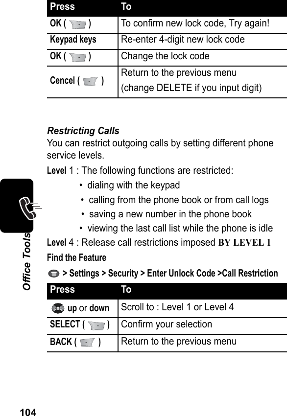 104Office ToolsRestricting CallsYou can restrict outgoing calls by setting different phone service levels.Level 1 : The following functions are restricted:• dialing with the keypad• calling from the phone book or from call logs• saving a new number in the phone book• viewing the last call list while the phone is idleLevel 4 : Release call restrictions imposed BY LEVEL 1Find the Feature &gt; Settings &gt; Security &gt; Enter Unlock Code &gt;Call RestrictionOK (   )To confirm new lock code, Try again!Keypad keysRe-enter 4-digit new lock codeOK (   )Change the lock codeCencel (   )Return to the previous menu (change DELETE if you input digit)Press To up or downScroll to : Level 1 or Level 4SELECT (   )Confirm your selectionBACK (   )Return to the previous menuPress To