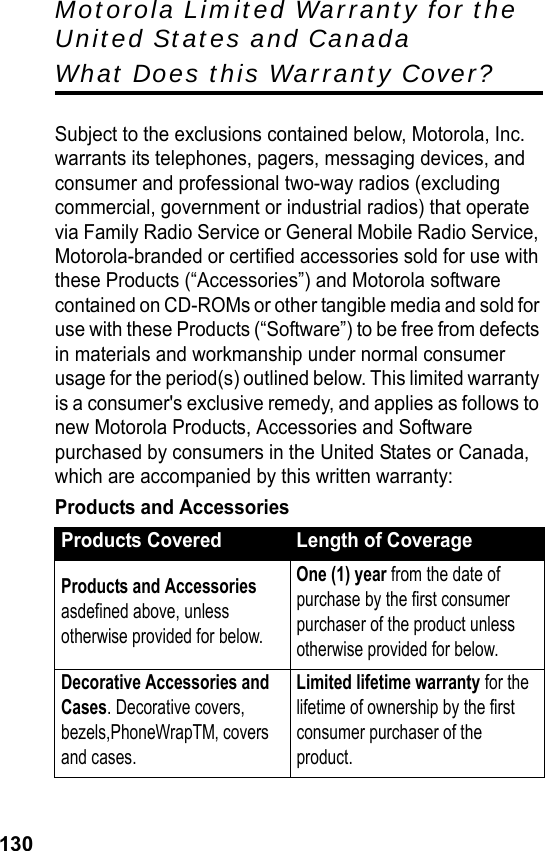 130Motorola Limited Warranty for the United States and CanadaWhat Does this Warranty Cover?Subject to the exclusions contained below, Motorola, Inc. warrants its telephones, pagers, messaging devices, and consumer and professional two-way radios (excluding commercial, government or industrial radios) that operate via Family Radio Service or General Mobile Radio Service, Motorola-branded or certified accessories sold for use with these Products (“Accessories”) and Motorola software contained on CD-ROMs or other tangible media and sold for use with these Products (“Software”) to be free from defects in materials and workmanship under normal consumer usage for the period(s) outlined below. This limited warranty is a consumer&apos;s exclusive remedy, and applies as follows to new Motorola Products, Accessories and Software purchased by consumers in the United States or Canada, which are accompanied by this written warranty:Products and AccessoriesProducts Covered Length of CoverageProducts and Accessories asdefined above, unless otherwise provided for below.One (1) year from the date of purchase by the first consumer purchaser of the product unless otherwise provided for below.Decorative Accessories and Cases. Decorative covers, bezels,PhoneWrapTM‚ covers and cases.Limited lifetime warranty for the lifetime of ownership by the first consumer purchaser of the product.