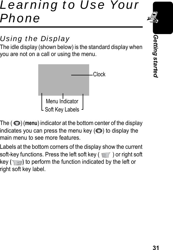 31Getting startedLearning to Use Your PhoneUsing the DisplayThe idle display (shown below) is the standard display when you are not on a call or using the menu. The (  ) (menu) indicator at the bottom center of the display indicates you can press the menu key ( ) to display the main menu to see more features.Labels at the bottom corners of the display show the current soft-key functions. Press the left soft key (   ) or right soft key () to perform the function indicated by the left or right soft key label.ClockMenu IndicatorSoft Key Labels