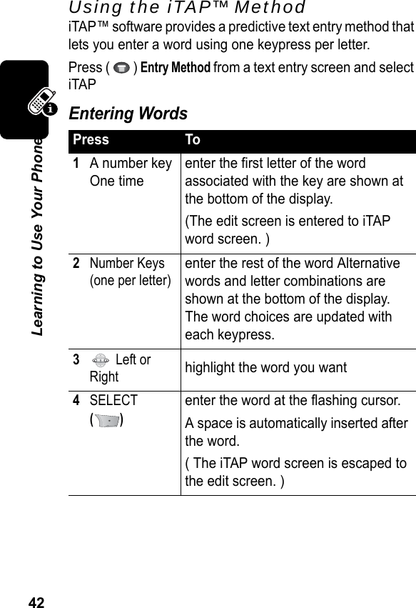 42Learning to Use Your PhoneUsing the iTAP™ MethodiTAP™ software provides a predictive text entry method that lets you enter a word using one keypress per letter.Press (   ) Entry Method from a text entry screen and select iTAPEntering WordsPress To1A number key One timeenter the first letter of the word associated with the key are shown at the bottom of the display.(The edit screen is entered to iTAP word screen. )2Number Keys (one per letter)enter the rest of the word Alternative words and letter combinations are shown at the bottom of the display. The word choices are updated with each keypress.3 Left or Righthighlight the word you want4SELECT  ()enter the word at the flashing cursor.A space is automatically inserted after the word.( The iTAP word screen is escaped to the edit screen. )