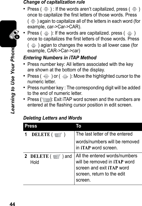 44Learning to Use Your PhoneChange of capitalization rule•Press (   ) : If the words aren’t capitalized, press (   ) once to capitalize the first letters of those words. Press(   ) again to capitalize all of the letters in each word (for example, car-&gt;Car-&gt;CAR).•Press (   ): If the words are capitalized. press (   ) once to capitalizes the first letters of those words. Press(   ) agian to changes the words to all lower case (for example, CAR-&gt;Car-&gt;car)Entering Numbers in iTAP Method•Press number key: All letters associated with the keyare shown at the bottom of the display. •Press (   ) or (   ): Move the highlighted cursor to the numeric letter.•Press number key : The corresponding digit will be added to the end of numeric letter.•Press (): Exit iTAP word screen and the numbers are entered at the flashing cursor position in edit screen. Deleting Letters and WordsPress To1 DELETE (  ) The last letter of the enteredwords/numbers will be removed in iTAP word screen.2DELETE (  ) and HoldAll the entered words/numbers will be removed in iTAP word screen and exit iTAP word screen, return to the edit screen.