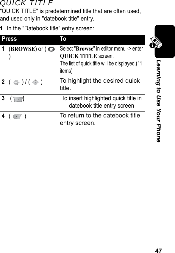 47Learning to Use Your PhoneQUICK TITLE&quot;QUICK TITLE&quot; is predetermined title that are often used, and used only in &quot;datebook title&quot; entry.1In the &quot;Datebook title&quot; entry screen:Press To1(BROWSE) or (   ) Select &quot;Browse&quot; in editor menu -&gt; enterQUICK TITLE screen. The list of quick title will be displayed.(11 items)2(   ) / (   )To highlight the desired quick title.3 ()To insert highlighted quick title indatebook title entry screen4(  ) To return to the datebook title entry screen.