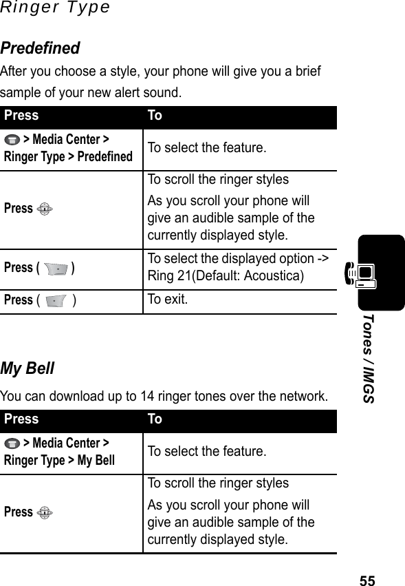 55Tones / IMGSRinger TypePredefinedAfter you choose a style, your phone will give you a brief sample of your new alert sound.My BellYou can download up to 14 ringer tones over the network.Press To &gt; Media Center &gt; Ringer Type &gt; PredefinedTo select the feature.Press To scroll the ringer stylesAs you scroll your phone will give an audible sample of the currently displayed style.Press (   )To select the displayed option -&gt; Ring 21(Default: Acoustica)Press (  ) To e xit.Press To &gt; Media Center &gt; Ringer Type &gt; My BellTo select the feature.Press To scroll the ringer stylesAs you scroll your phone will give an audible sample of the currently displayed style.