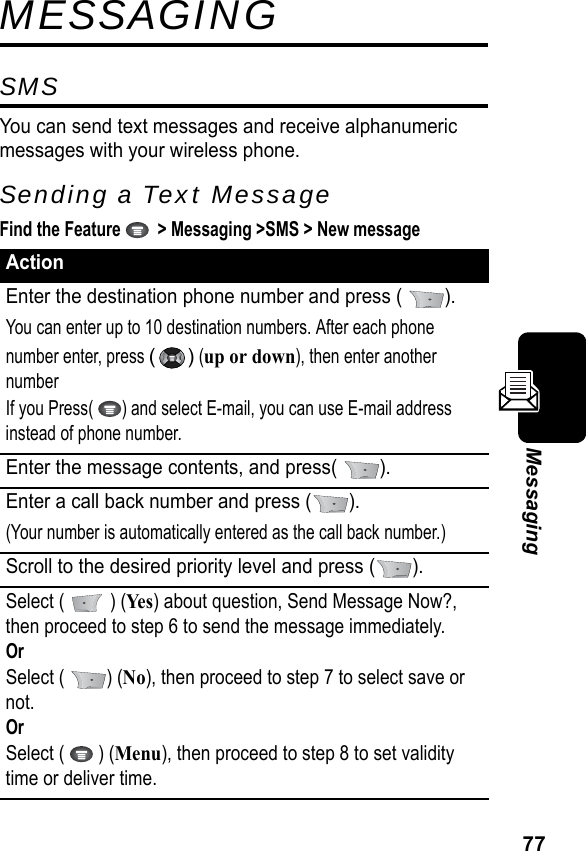 77MessagingMESSAGINGSMSYou can send text messages and receive alphanumeric messages with your wireless phone.Sending a Text MessageFind the Feature    &gt; Messaging &gt;SMS &gt; New messageActionEnter the destination phone number and press (  ).You can enter up to 10 destination numbers. After each phone number enter, press () (up or down), then enter another numberIf you Press( ) and select E-mail, you can use E-mail address instead of phone number.Enter the message contents, and press(  ).Enter a call back number and press ( ).(Your number is automatically entered as the call back number.)Scroll to the desired priority level and press ( ).Select (   ) (Ye s) about question, Send Message Now?, then proceed to step 6 to send the message immediately.OrSelect (  ) (No), then proceed to step 7 to select save or not. OrSelect (   ) (Menu), then proceed to step 8 to set validity time or deliver time.