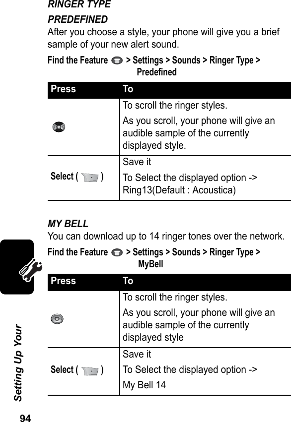 94Setting Up Your RINGER TYPEPREDEFINEDAfter you choose a style, your phone will give you a brief sample of your new alert sound.Find the Feature   &gt; Settings &gt; Sounds &gt; Ringer Type &gt; PredefinedMY BELLYou can download up to 14 ringer tones over the network.Find the Feature   &gt; Settings &gt; Sounds &gt; Ringer Type &gt; MyBellPress To To scroll the ringer styles.As you scroll, your phone will give an audible sample of the currently displayed style.Select (   )Save it To Select the displayed option -&gt; Ring13(Default : Acoustica)Press ToTo scroll the ringer styles.As you scroll, your phone will give an audible sample of the currently displayed styleSelect (   )Save itTo Select the displayed option -&gt; My Bell 14