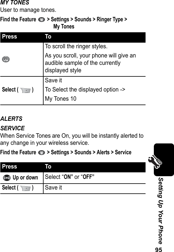 95Setting Up Your PhoneMY TONESUser to manage tones.Find the Feature   &gt; Settings &gt; Sounds &gt; Ringer Type &gt; My TonesALERTS SERVICEWhen Service Tones are On, you will be instantly alerted to any change in your wireless service.Find the Feature   &gt; Settings &gt; Sounds &gt; Alerts &gt; ServicePress ToTo scroll the ringer styles.As you scroll, your phone will give an audible sample of the currently displayed styleSelect (   )Save itTo Select the displayed option -&gt; My Tones 10Press To Up or downSelect “ON” or “OFF”Select (   )Save it