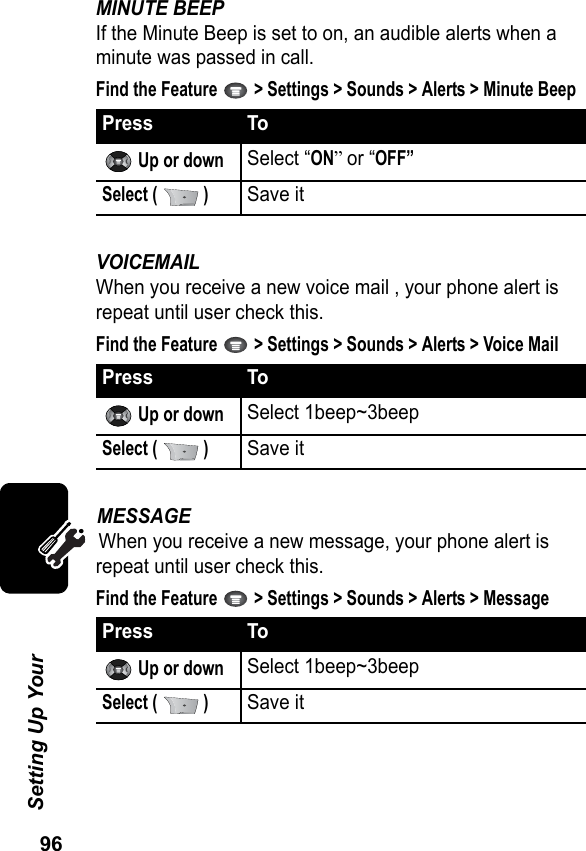 96Setting Up Your MINUTE BEEPIf the Minute Beep is set to on, an audible alerts when a minute was passed in call.Find the Feature   &gt; Settings &gt; Sounds &gt; Alerts &gt; Minute BeepVOICEMAILWhen you receive a new voice mail , your phone alert is repeat until user check this.Find the Feature   &gt; Settings &gt; Sounds &gt; Alerts &gt; Voice MailMESSAGEWhen you receive a new message, your phone alert is repeat until user check this.Find the Feature   &gt; Settings &gt; Sounds &gt; Alerts &gt; MessagePress To Up or downSelect “ON” or “OFF”Select (   )Save itPress To Up or downSelect 1beep~3beepSelect (   )Save itPress To Up or downSelect 1beep~3beepSelect (   )Save it