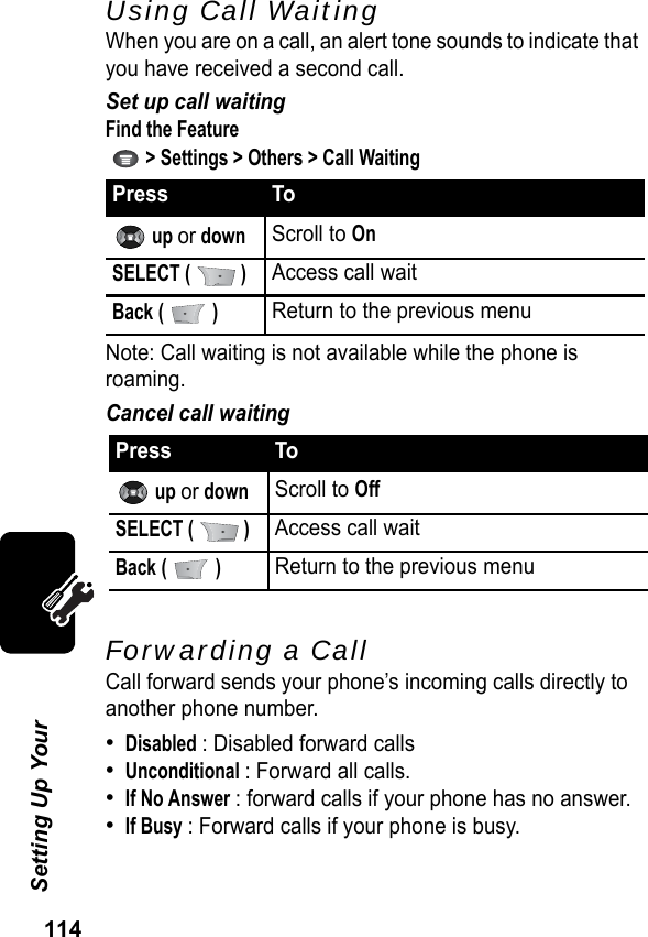 114Setting Up Your Using Call WaitingWhen you are on a call, an alert tone sounds to indicate that you have received a second call.Set up call waitingFind the Feature   &gt; Settings &gt; Others &gt; Call WaitingNote: Call waiting is not available while the phone is roaming.Cancel call waitingForwarding a CallCall forward sends your phone’s incoming calls directly to another phone number.•Disabled : Disabled forward calls•Unconditional : Forward all calls.•If No Answer : forward calls if your phone has no answer.•If Busy : Forward calls if your phone is busy.Press To up or downScroll to On SELECT (   )Access call waitBack (   )Return to the previous menuPress To up or downScroll to Off SELECT (   )Access call waitBack (   )Return to the previous menu