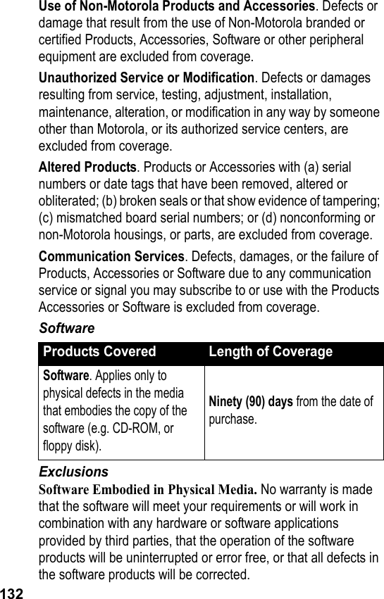 132Use of Non-Motorola Products and Accessories. Defects or damage that result from the use of Non-Motorola branded or certified Products, Accessories, Software or other peripheral equipment are excluded from coverage.Unauthorized Service or Modification. Defects or damages resulting from service, testing, adjustment, installation, maintenance, alteration, or modification in any way by someone other than Motorola, or its authorized service centers, are excluded from coverage.Altered Products. Products or Accessories with (a) serial numbers or date tags that have been removed, altered or obliterated; (b) broken seals or that show evidence of tampering; (c) mismatched board serial numbers; or (d) nonconforming or non-Motorola housings, or parts, are excluded from coverage.Communication Services. Defects, damages, or the failure of Products, Accessories or Software due to any communication service or signal you may subscribe to or use with the Products Accessories or Software is excluded from coverage.SoftwareExclusionsSoftware Embodied in Physical Media. No warranty is made that the software will meet your requirements or will work in combination with any hardware or software applications provided by third parties, that the operation of the software products will be uninterrupted or error free, or that all defects in the software products will be corrected.Products Covered Length of CoverageSoftware. Applies only to physical defects in the media that embodies the copy of the software (e.g. CD-ROM, or floppy disk).Ninety (90) days from the date of purchase.