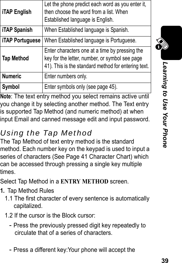 39Learning to Use Your PhoneNote: The text entry method you select remains active until you change it by selecting another method. The Text entry is supported Tap Method (and numeric method) at when input Email and canned message edit and input password.Using the Tap MethodThe Tap Method of text entry method is the standard method. Each number key on the keypad is used to input a series of characters (See Page 41 Character Chart) which can be accessed through pressing a single key multiple times.Select Tap Method in a ENTRY METHOD screen.1.Tap Method Rules1.1 The first character of every sentence is automatically capitalized.1.2 If the cursor is the Block cursor:- Press the previously pressed digit key repeatedly to circulate that of a series of characters.- Press a different key:Your phone will accept the iTAP EnglishLet the phone predict each word as you enter it, then choose the word from a list. When Established language is English.iTAP SpanishWhen Established language is Spanish.iTAP PortugueseWhen Established language is Portuguese.Tap MethodEnter characters one at a time by pressing the key for the letter, number, or symbol see page 41). This is the standard method for entering text.NumericEnter numbers only.SymbolEnter symbols only (see page 45).