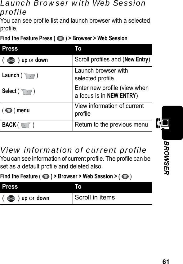 61BROWSERLaunch Browser with Web Session profileYou can see profile list and launch browser with a selected profile.Find the Feature Press (   ) &gt; Browser &gt; Web SessionView information of current profileYou can see information of current profile. The profile can be set as a default profile and deleted also.Find the Feature (   ) &gt; Browser &gt; Web Session &gt; (   )Press To(  ) up or downScroll profiles and (New Entry)Launch (   )Select (  )Launch browser with selected profile.Enter new profile (view when a focus is in NEW ENTRY)(  ) menuView information of current profileBACK (  )Return to the previous menuPress To(  ) up or downScroll in items