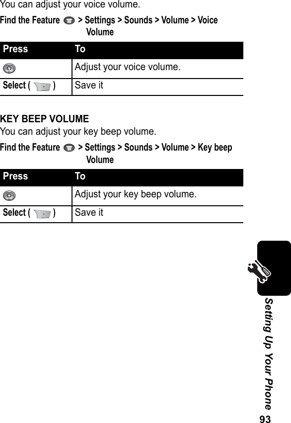 93Setting Up Your PhoneYou can adjust your voice volume.Find the Feature   &gt; Settings &gt; Sounds &gt; Volume &gt; Voice VolumeKEY BEEP VOLUMEYou can adjust your key beep volume.Find the Feature   &gt; Settings &gt; Sounds &gt; Volume &gt; Key beep VolumePress ToAdjust your voice volume.Select (   )Save itPress ToAdjust your key beep volume.Select (   )Save it