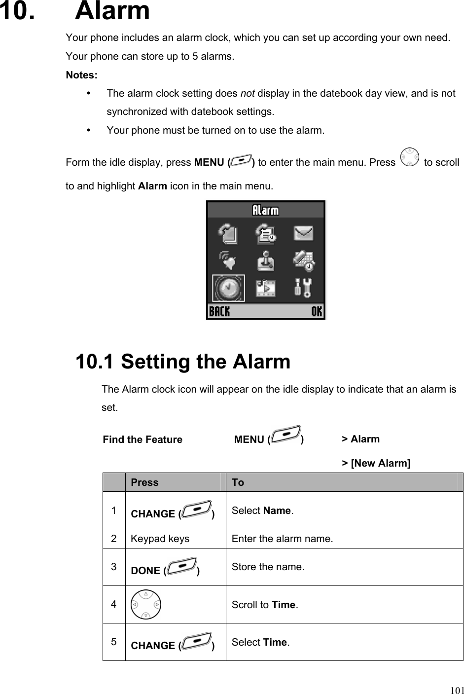  10110. Alarm Your phone includes an alarm clock, which you can set up according your own need. Your phone can store up to 5 alarms. Notes:  y  The alarm clock setting does not display in the datebook day view, and is not synchronized with datebook settings. y  Your phone must be turned on to use the alarm. Form the idle display, press MENU ( ) to enter the main menu. Press   to scroll to and highlight Alarm icon in the main menu.  10.1  Setting the Alarm The Alarm clock icon will appear on the idle display to indicate that an alarm is set. Find the Feature    MENU ( )  &gt; Alarm   &gt; [New Alarm]  Press  To 1  CHANGE ( )  Select Name. 2  Keypad keys  Enter the alarm name. 3  DONE ( ) Store the name. 4  Scroll to Time. 5  CHANGE ( )  Select Time. 