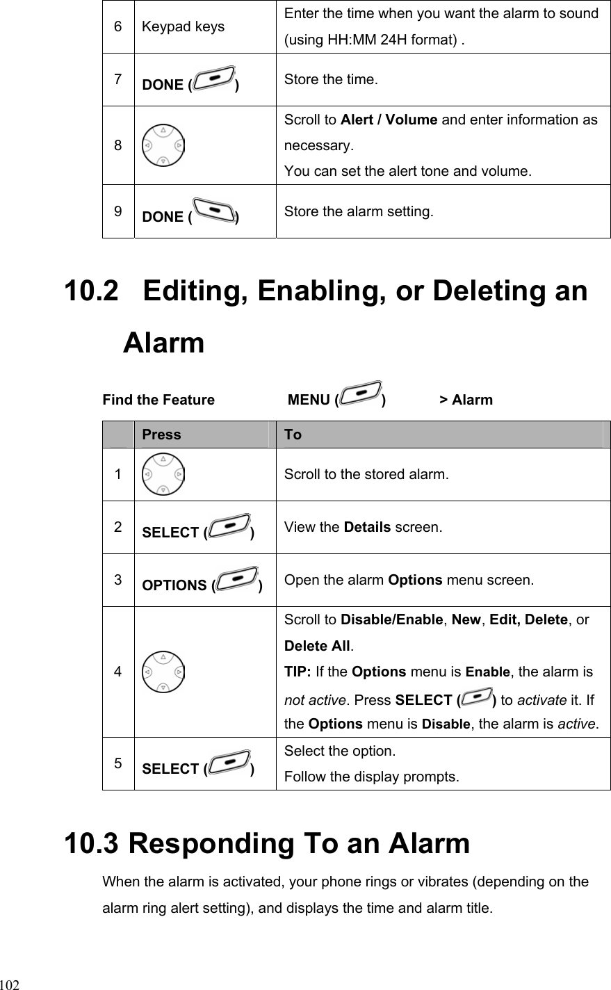  1026 Keypad keys  Enter the time when you want the alarm to sound (using HH:MM 24H format) . 7  DONE ( ) Store the time. 8  Scroll to Alert / Volume and enter information as necessary. You can set the alert tone and volume. 9  DONE ( )  Store the alarm setting. 10.2    Editing, Enabling, or Deleting an Alarm Find the Feature    MENU ( )  &gt; Alarm  Press  To 1  Scroll to the stored alarm. 2  SELECT ( )  View the Details screen. 3  OPTIONS ( )  Open the alarm Options menu screen. 4  Scroll to Disable/Enable, New, Edit, Delete, or Delete All. TIP: If the Options menu is Enable, the alarm is not active. Press SELECT ( ) to activate it. If the Options menu is Disable, the alarm is active.5  SELECT ( ) Select the option. Follow the display prompts. 10.3  Responding To an Alarm When the alarm is activated, your phone rings or vibrates (depending on the alarm ring alert setting), and displays the time and alarm title. 