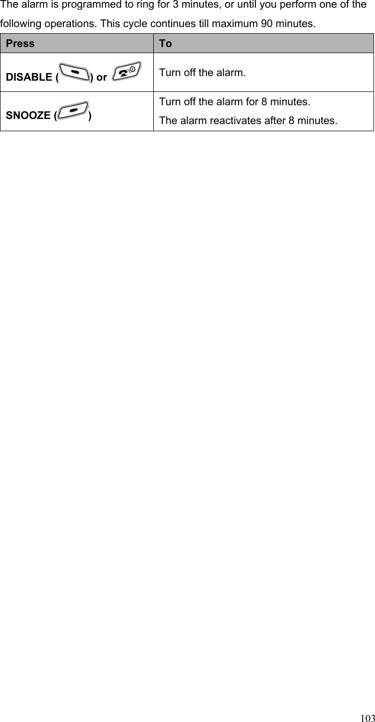  103The alarm is programmed to ring for 3 minutes, or until you perform one of the following operations. This cycle continues till maximum 90 minutes. Press  To DISABLE ( ) or   Turn off the alarm. SNOOZE ( ) Turn off the alarm for 8 minutes. The alarm reactivates after 8 minutes.       
