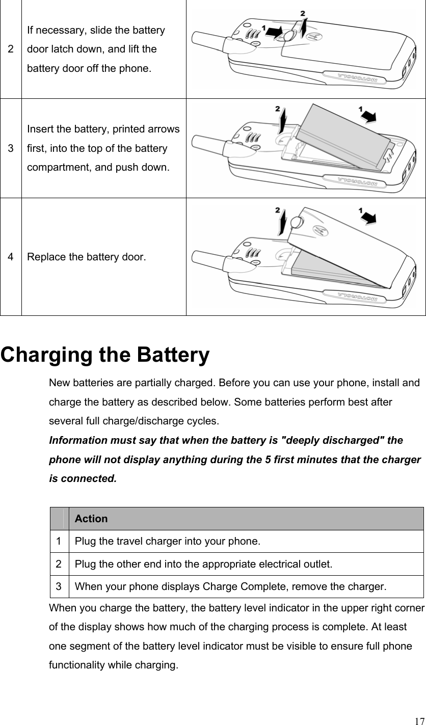  172 If necessary, slide the battery door latch down, and lift the battery door off the phone. 3 Insert the battery, printed arrows first, into the top of the battery compartment, and push down. 4  Replace the battery door. Charging the Battery New batteries are partially charged. Before you can use your phone, install and charge the battery as described below. Some batteries perform best after several full charge/discharge cycles. Information must say that when the battery is &quot;deeply discharged&quot; the phone will not display anything during the 5 first minutes that the charger is connected.   Action 1  Plug the travel charger into your phone. 2  Plug the other end into the appropriate electrical outlet. 3  When your phone displays Charge Complete, remove the charger. When you charge the battery, the battery level indicator in the upper right corner of the display shows how much of the charging process is complete. At least one segment of the battery level indicator must be visible to ensure full phone functionality while charging. 