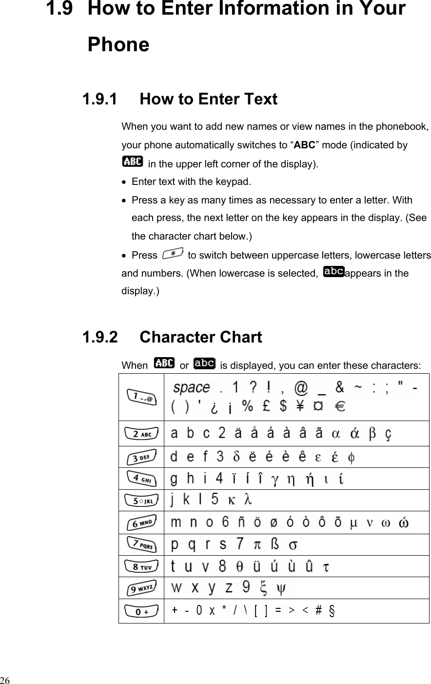  261.9   How to Enter Information in Your Phone 1.9.1   How to Enter Text When you want to add new names or view names in the phonebook, your phone automatically switches to “ABC” mode (indicated by   in the upper left corner of the display). •  Enter text with the keypad. •  Press a key as many times as necessary to enter a letter. With  each press, the next letter on the key appears in the display. (See  the character chart below.) • Press    to switch between uppercase letters, lowercase letters and numbers. (When lowercase is selected,  appears in the display.) 1.9.2   Character Chart   When   or    is displayed, you can enter these characters:                      