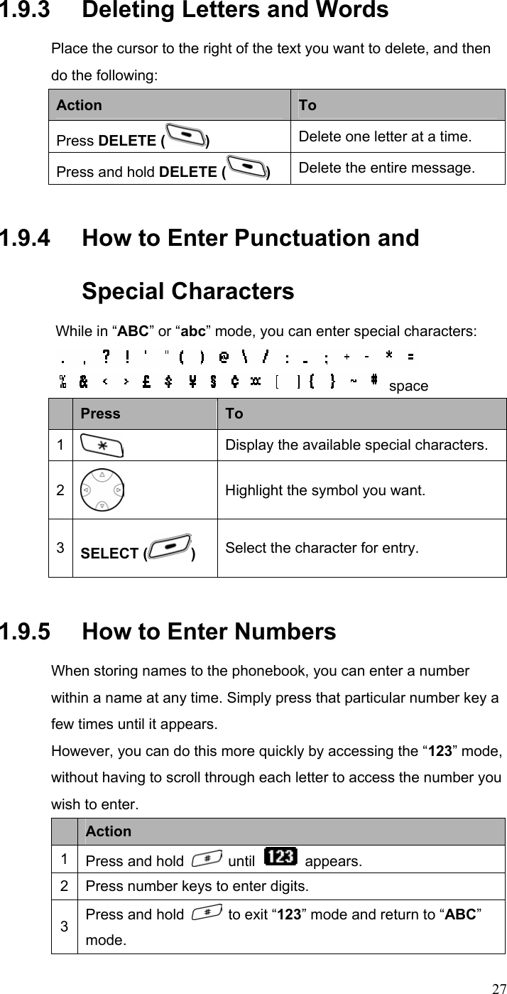  271.9.3   Deleting Letters and Words Place the cursor to the right of the text you want to delete, and then do the following: Action  To Press DELETE ( ) Delete one letter at a time. Press and hold DELETE ( ) Delete the entire message. 1.9.4   How to Enter Punctuation and Special Characters While in “ABC” or “abc” mode, you can enter special characters:   space  Press  To 1   Display the available special characters. 2  Highlight the symbol you want. 3  SELECT ( )  Select the character for entry. 1.9.5   How to Enter Numbers When storing names to the phonebook, you can enter a number within a name at any time. Simply press that particular number key a few times until it appears. However, you can do this more quickly by accessing the “123” mode, without having to scroll through each letter to access the number you wish to enter.  Action 1  Press and hold   until   appears. 2  Press number keys to enter digits. 3  Press and hold    to exit “123” mode and return to “ABC” mode. 