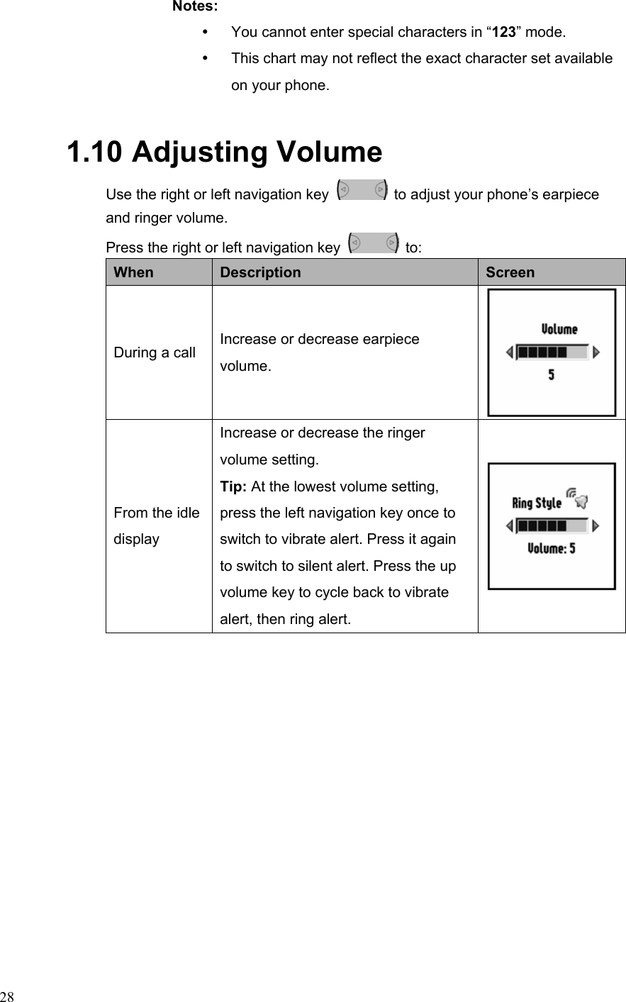  28Notes: y  You cannot enter special characters in “123” mode. y  This chart may not reflect the exact character set available on your phone. 1.10  Adjusting Volume Use the right or left navigation key    to adjust your phone’s earpiece and ringer volume.   Press the right or left navigation key   to: When  Description  Screen During a call  Increase or decrease earpiece volume.  From the idle display Increase or decrease the ringer volume setting. Tip: At the lowest volume setting, press the left navigation key once to switch to vibrate alert. Press it again to switch to silent alert. Press the up volume key to cycle back to vibrate alert, then ring alert. 