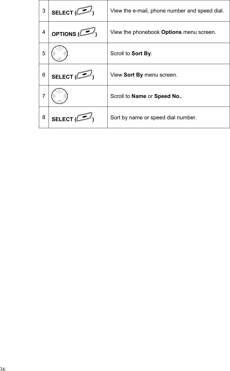  363  SELECT ( ) View the e-mail, phone number and speed dial. 4  OPTIONS ( )  View the phonebook Options menu screen. 5  Scroll to Sort By. 6  SELECT ( )  View Sort By menu screen. 7  Scroll to Name or Speed No.. 8  SELECT ( ) Sort by name or speed dial number. 