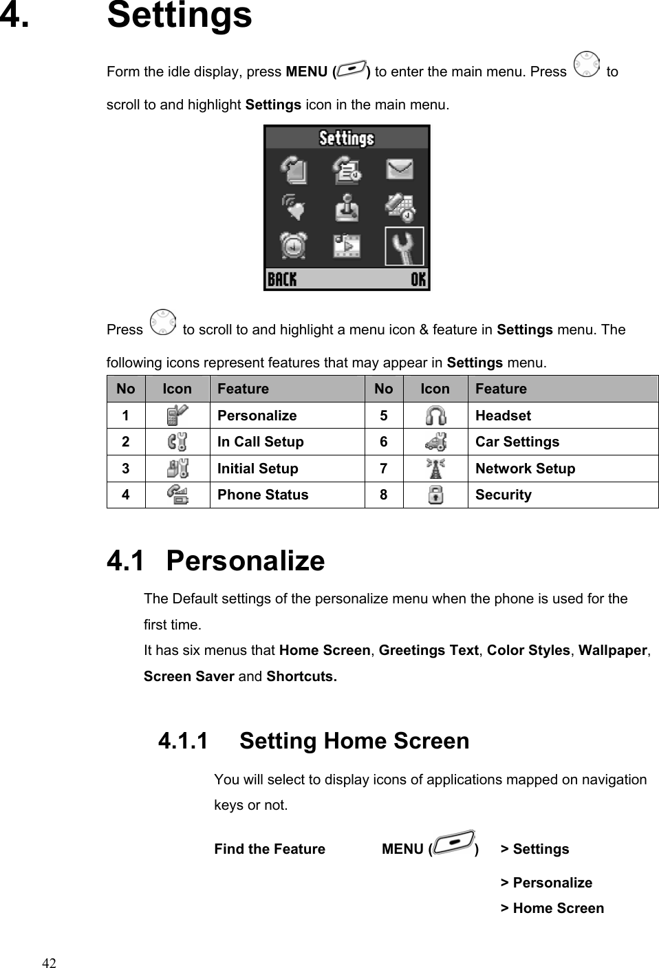  424. Settings Form the idle display, press MENU ( ) to enter the main menu. Press   to scroll to and highlight Settings icon in the main menu.  Press    to scroll to and highlight a menu icon &amp; feature in Settings menu. The following icons represent features that may appear in Settings menu. No  Icon  Feature  No Icon  Feature 1   Personalize 5  Headset 2   In Call Setup  6   Car Settings 3   Initial Setup  7   Network Setup 4   Phone Status  8   Security 4.1   Personalize The Default settings of the personalize menu when the phone is used for the first time. It has six menus that Home Screen, Greetings Text, Color Styles, Wallpaper, Screen Saver and Shortcuts. 4.1.1   Setting Home Screen You will select to display icons of applications mapped on navigation keys or not. Find the Feature        MENU ( )  &gt; Settings      &gt; Personalize       &gt; Home Screen 