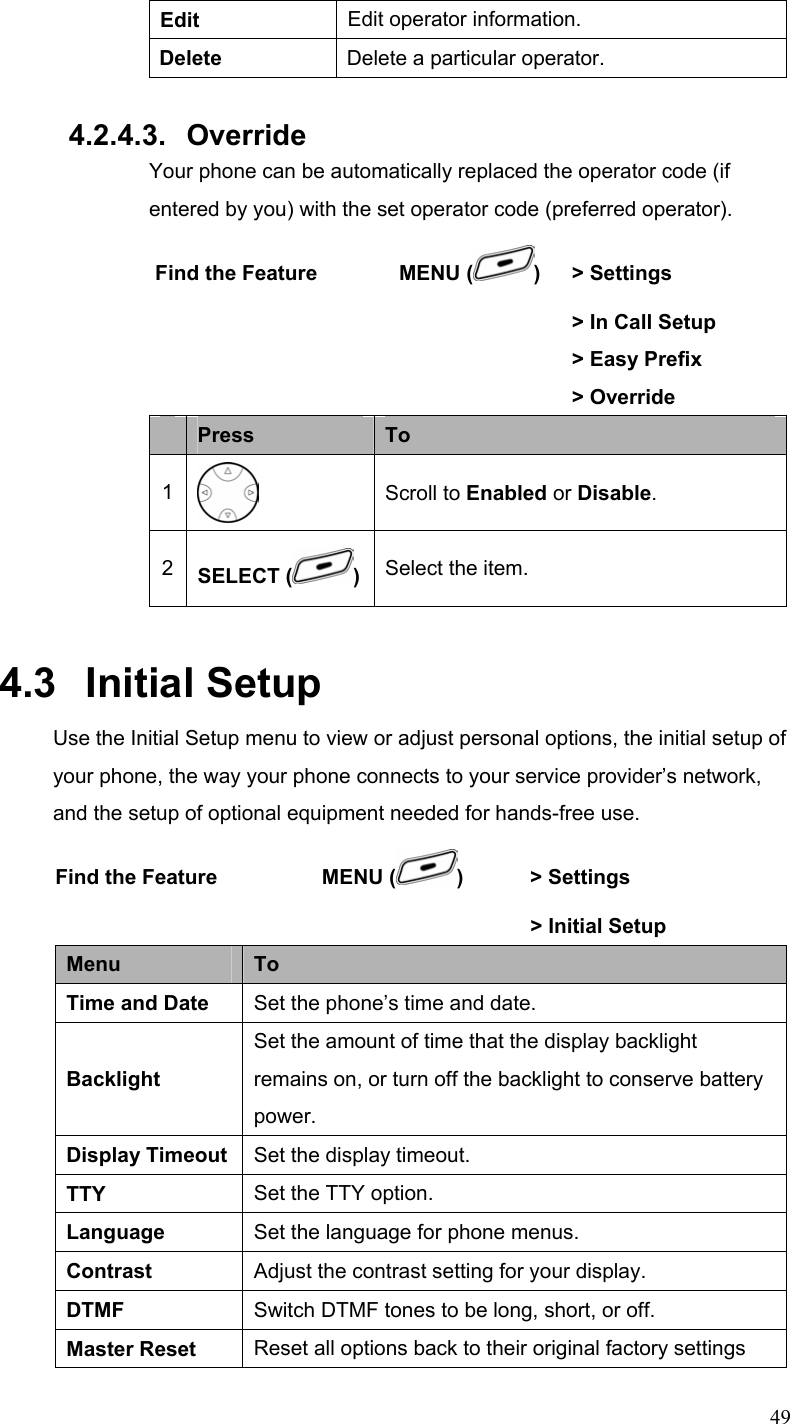  49Edit  Edit operator information. Delete  Delete a particular operator.  4.2.4.3. Override Your phone can be automatically replaced the operator code (if entered by you) with the set operator code (preferred operator). Find the Feature        MENU ( )  &gt; Settings        &gt; In Call Setup        &gt; Easy Prefix   &gt; Override  Press  To 1  Scroll to Enabled or Disable. 2  SELECT ( )Select the item. 4.3   Initial Setup Use the Initial Setup menu to view or adjust personal options, the initial setup of your phone, the way your phone connects to your service provider’s network, and the setup of optional equipment needed for hands-free use. Find the Feature    MENU ( )    &gt; Settings         &gt; Initial Setup Menu  To Time and Date  Set the phone’s time and date. Backlight Set the amount of time that the display backlight remains on, or turn off the backlight to conserve battery power. Display Timeout  Set the display timeout. TTY  Set the TTY option. Language  Set the language for phone menus. Contrast  Adjust the contrast setting for your display. DTMF  Switch DTMF tones to be long, short, or off. Master Reset  Reset all options back to their original factory settings 