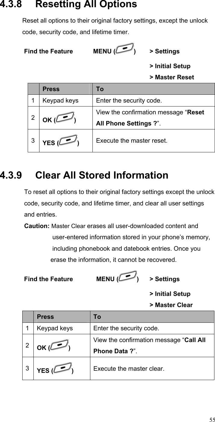  554.3.8   Resetting All Options Reset all options to their original factory settings, except the unlock code, security code, and lifetime timer. Find the Feature  MENU ( )  &gt; Settings        &gt; Initial Setup         &gt; Master Reset  Press  To 1 Keypad keys Enter the security code. 2  OK ( ) View the confirmation message “Reset All Phone Settings ?”. 3  YES ( )  Execute the master reset. 4.3.9   Clear All Stored Information To reset all options to their original factory settings except the unlock code, security code, and lifetime timer, and clear all user settings and entries. Caution: Master Clear erases all user-downloaded content and        user-entered information stored in your phone’s memory,    including phonebook and datebook entries. Once you    erase the information, it cannot be recovered. Find the Feature    MENU ( )   &gt; Settings        &gt; Initial Setup         &gt; Master Clear  Press  To 1 Keypad keys Enter the security code. 2  OK ( ) View the confirmation message “Call All Phone Data ?”. 3  YES ( )  Execute the master clear. 