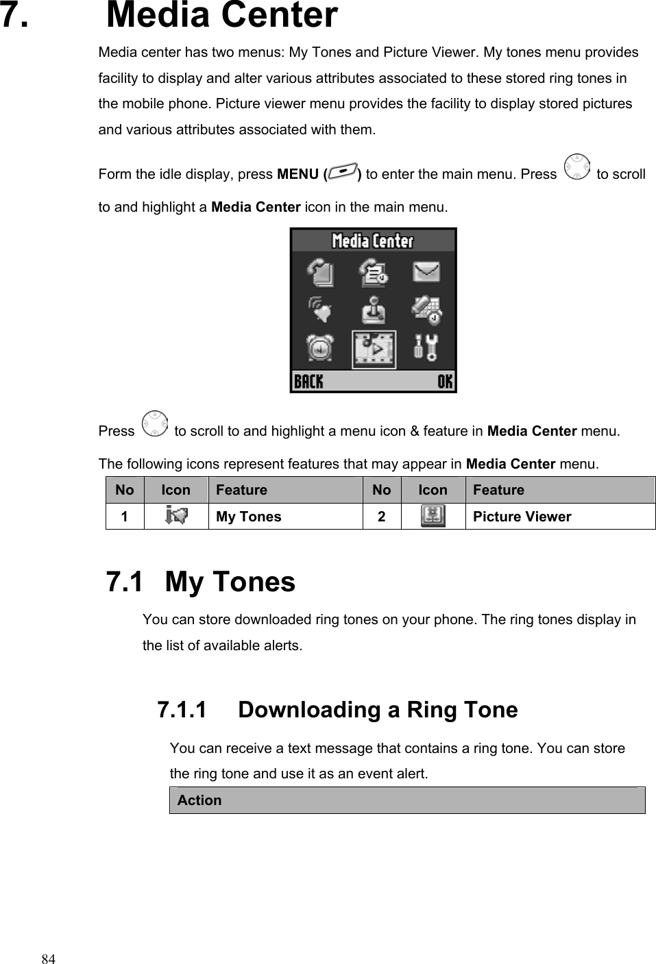  847. Media Center Media center has two menus: My Tones and Picture Viewer. My tones menu provides facility to display and alter various attributes associated to these stored ring tones in the mobile phone. Picture viewer menu provides the facility to display stored pictures and various attributes associated with them. Form the idle display, press MENU ( ) to enter the main menu. Press   to scroll to and highlight a Media Center icon in the main menu.  Press    to scroll to and highlight a menu icon &amp; feature in Media Center menu. The following icons represent features that may appear in Media Center menu. No  Icon  Feature  No Icon  Feature 1   My Tones  2   Picture Viewer 7.1   My Tones You can store downloaded ring tones on your phone. The ring tones display in the list of available alerts. 7.1.1   Downloading a Ring Tone You can receive a text message that contains a ring tone. You can store the ring tone and use it as an event alert. Action 