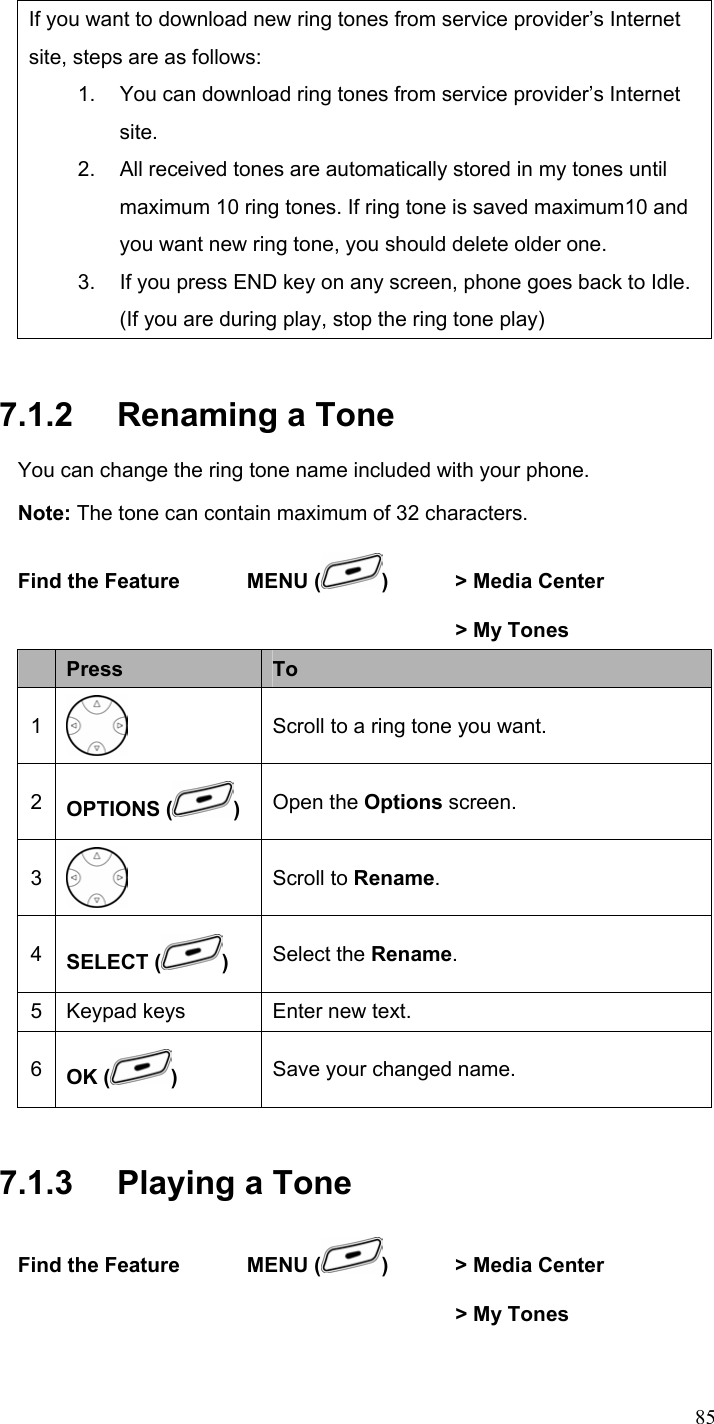  85If you want to download new ring tones from service provider’s Internet site, steps are as follows: 1.  You can download ring tones from service provider’s Internet site.  2.  All received tones are automatically stored in my tones until maximum 10 ring tones. If ring tone is saved maximum10 and you want new ring tone, you should delete older one. 3.  If you press END key on any screen, phone goes back to Idle. (If you are during play, stop the ring tone play) 7.1.2   Renaming a Tone You can change the ring tone name included with your phone. Note: The tone can contain maximum of 32 characters. Find the Feature    MENU ( )    &gt; Media Center          &gt; My Tones     Press  To 1  Scroll to a ring tone you want. 2  OPTIONS ( )  Open the Options screen. 3  Scroll to Rename. 4  SELECT ( ) Select the Rename. 5 Keypad keys Enter new text. 6  OK ( )  Save your changed name. 7.1.3   Playing a Tone Find the Feature    MENU ( )    &gt; Media Center          &gt; My Tones     