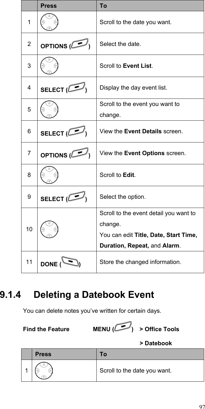  97 Press  To 1  Scroll to the date you want. 2  OPTIONS ( ) Select the date. 3  Scroll to Event List. 4  SELECT ( ) Display the day event list. 5  Scroll to the event you want to change. 6  SELECT ( ) View the Event Details screen. 7  OPTIONS ( )  View the Event Options screen. 8  Scroll to Edit. 9  SELECT ( ) Select the option. 10  Scroll to the event detail you want to change. You can edit Title, Date, Start Time, Duration, Repeat, and Alarm. 11  DONE ( ) Store the changed information. 9.1.4   Deleting a Datebook Event You can delete notes you’ve written for certain days. Find the Feature        MENU ( )    &gt; Office Tools       &gt; Datebook   Press  To 1  Scroll to the date you want. 