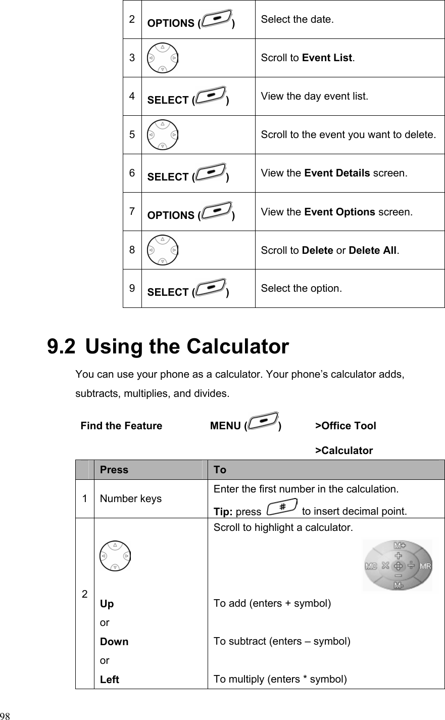  982  OPTIONS ( ) Select the date. 3  Scroll to Event List. 4  SELECT ( ) View the day event list. 5  Scroll to the event you want to delete.6  SELECT ( ) View the Event Details screen. 7  OPTIONS ( )  View the Event Options screen. 8  Scroll to Delete or Delete All. 9  SELECT ( ) Select the option. 9.2  Using the Calculator You can use your phone as a calculator. Your phone’s calculator adds, subtracts, multiplies, and divides.   Find the Feature    MENU ( ) &gt;Office Tool       &gt;Calculator  Press  To 1 Number keys  Enter the first number in the calculation. Tip: press    to insert decimal point. 2     Up or Down or Left Scroll to highlight a calculator.  To add (enters + symbol)  To subtract (enters – symbol)  To multiply (enters * symbol) 