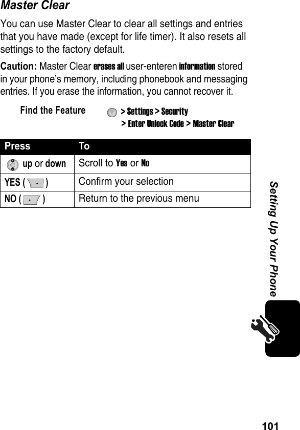 101Setting Up Your PhoneMaster ClearYou can use Master Clear to clear all settings and entries that you have made (except for life timer). It also resets all settings to the factory default.Caution: Master Clear erases all user-enteren information stored in your phone’s memory, including phonebook and messaging entries. If you erase the information, you cannot recover it.Find the Feature  &gt; Settings &gt; Security &gt; Enter Unlock Code &gt; Master ClearPress To up or downScroll to Yes or NoYES ( )Confirm your selectionNO ( )Return to the previous menu